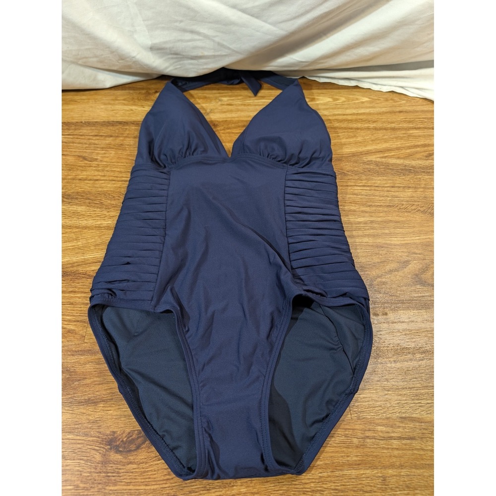 Calvin Klein Size 10 Solid Navy Blue Halter Side Pleated 1-Piece Swimsuit NWT
